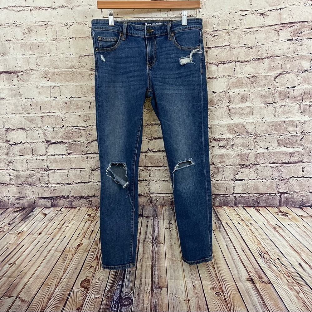 Gap Girlfriend Medium Wash Destroyed Straight Leg Jeans